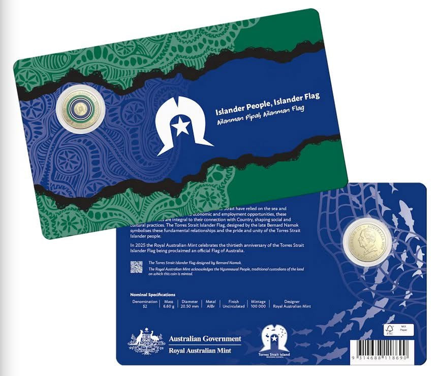 Mint Coins | 30th Anniversary of the Torres Strait Islander Flag 2025 $2 Coloured Coin on Card