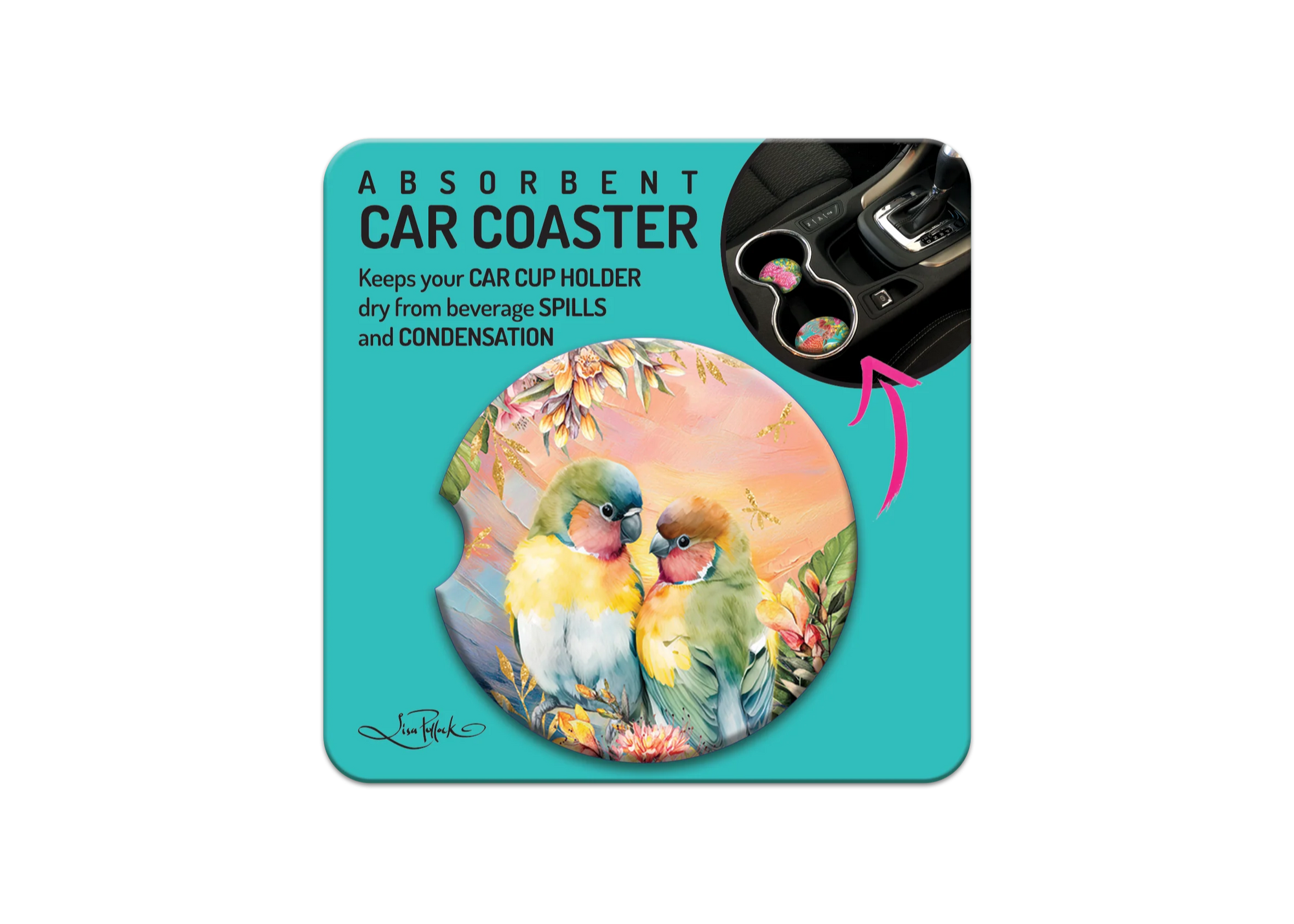 Lisa Pollock Car Coaster | Sunset Love Birds