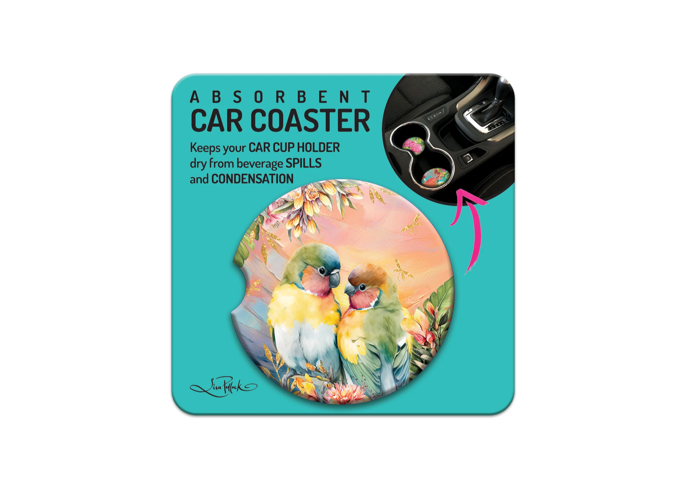 Lisa Pollock Car Coaster | Sunset Love Birds