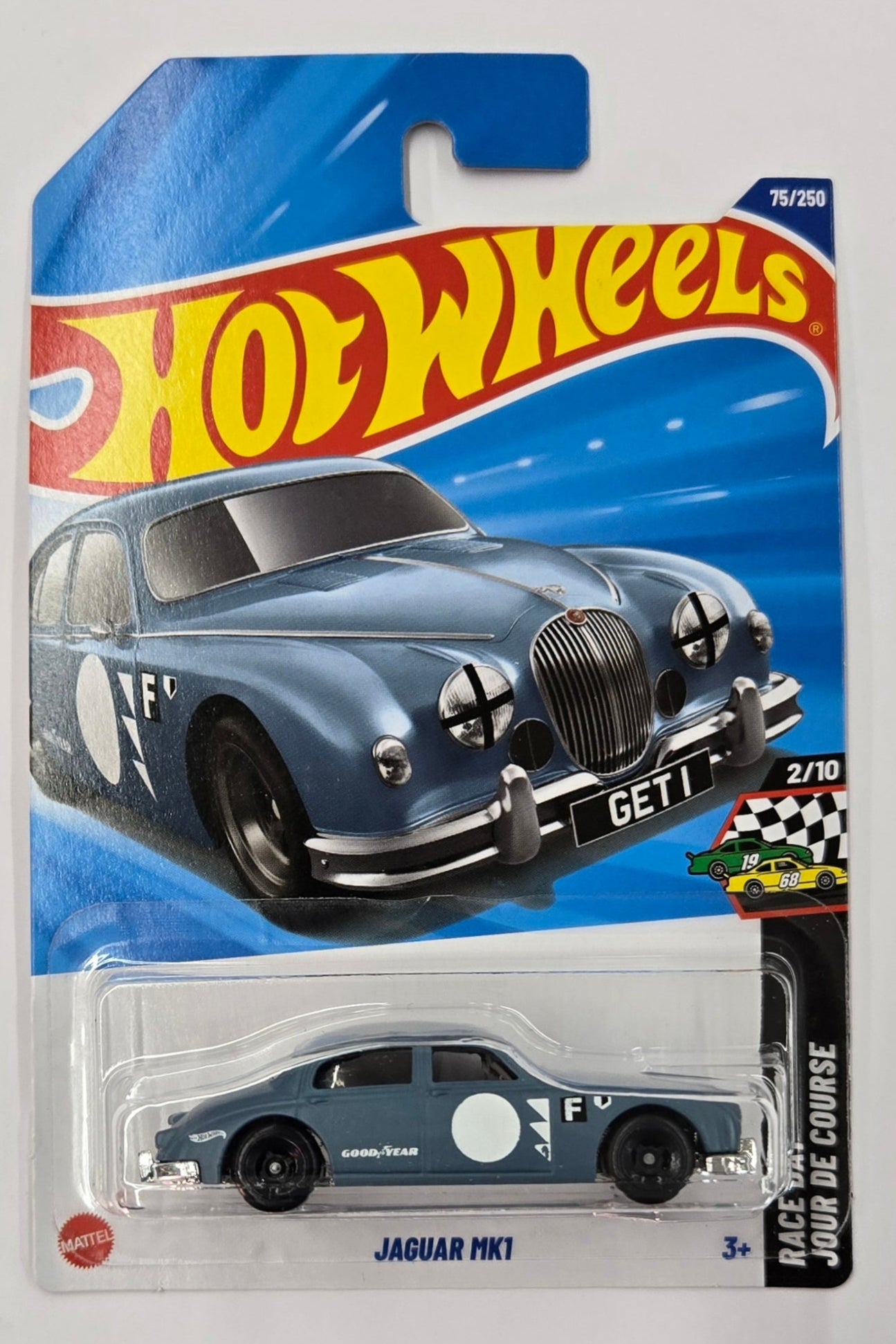Hot Wheels Jaguar car in packaging on a white background