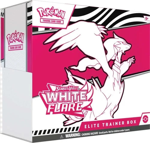 Pokémon trading card game Elite Trainer Box with a white and pink design featuring a Pokémon character.