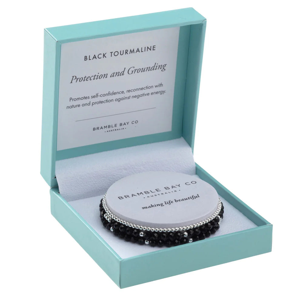 Trio Bracelet Set Black Tourmaline & Silver Plated Bead | Protection & Grounding