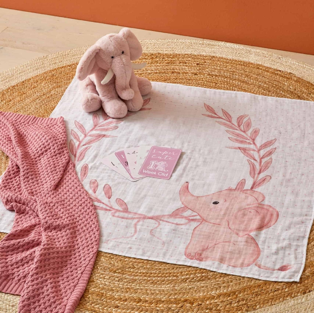 Jiggle & Giggle | Pink Elephant Milestone & Muslin Set