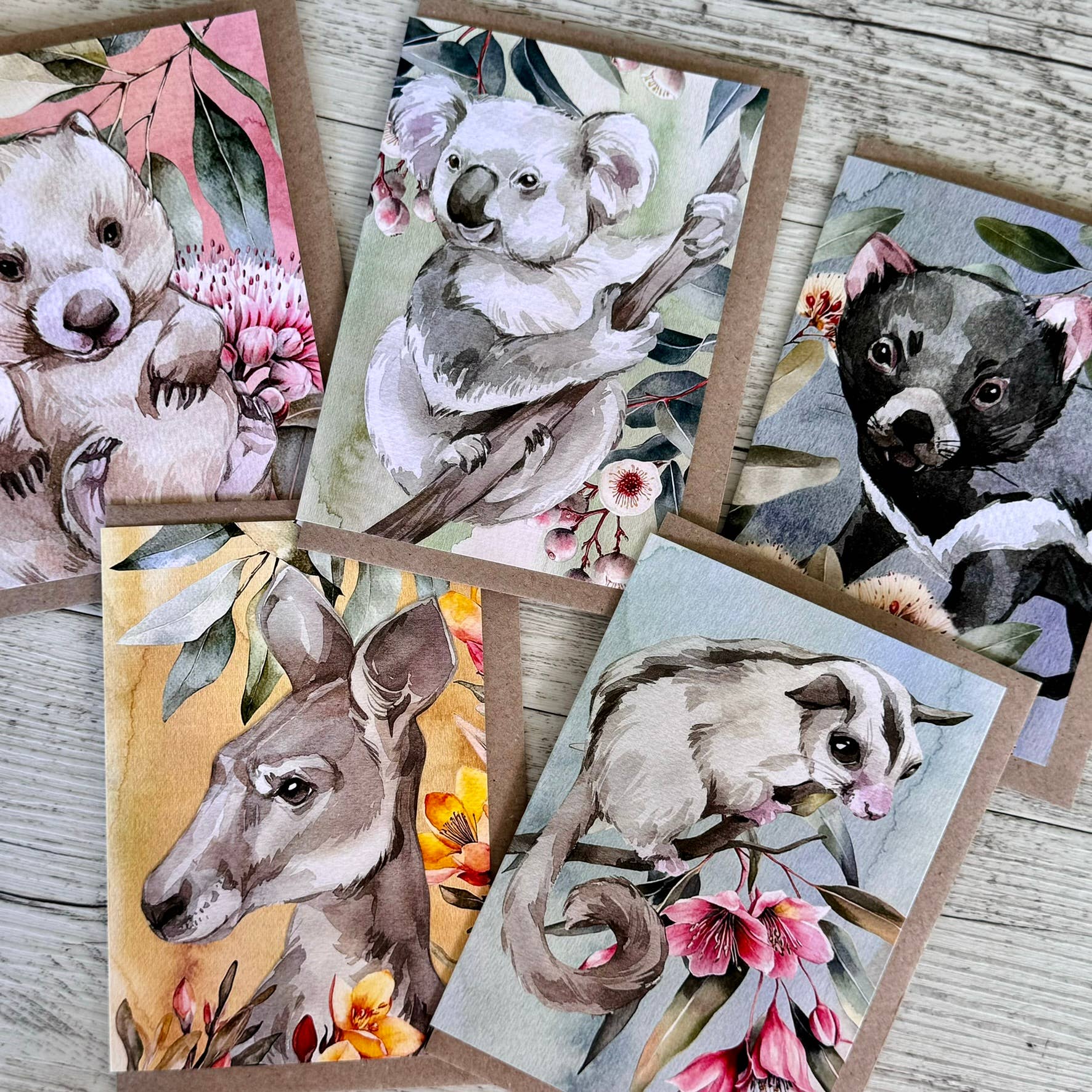 Australian Watercolour Wombat on Australian Flora greeting card