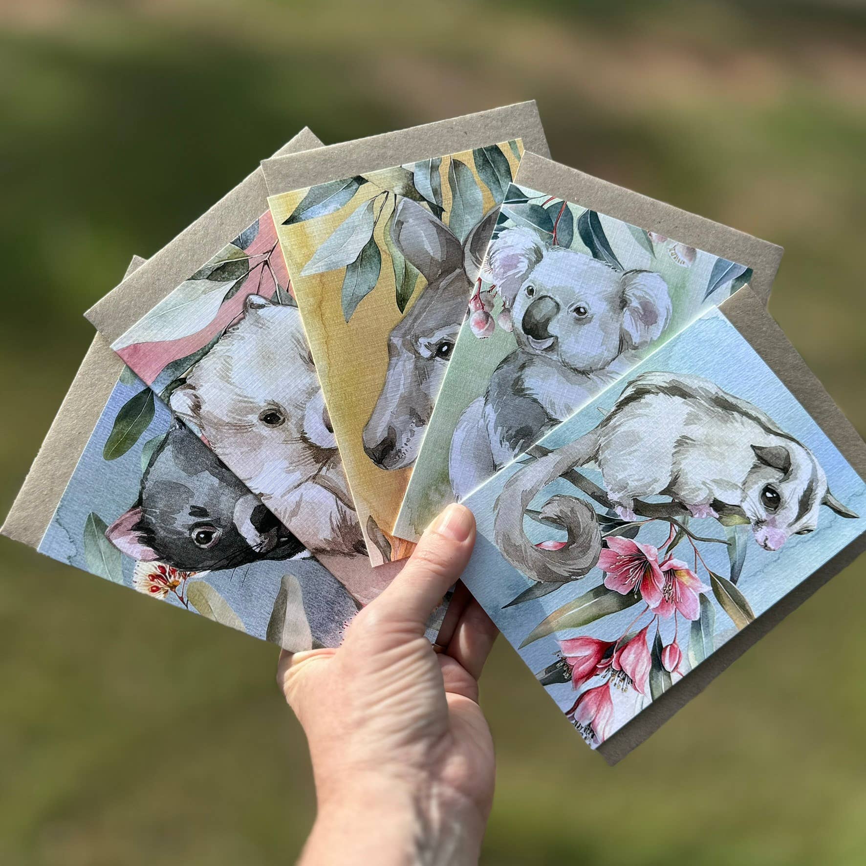 Australian Watercolour Wombat on Australian Flora greeting card
