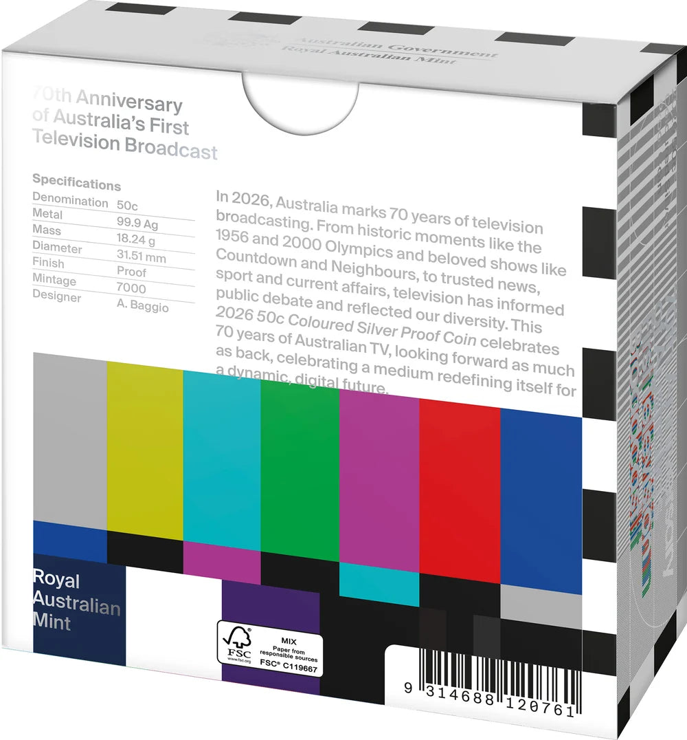 Mint Coins | Australia's First Television Broadcast 70th Anniversary 2026 50c Coloured Silver Proof Coin