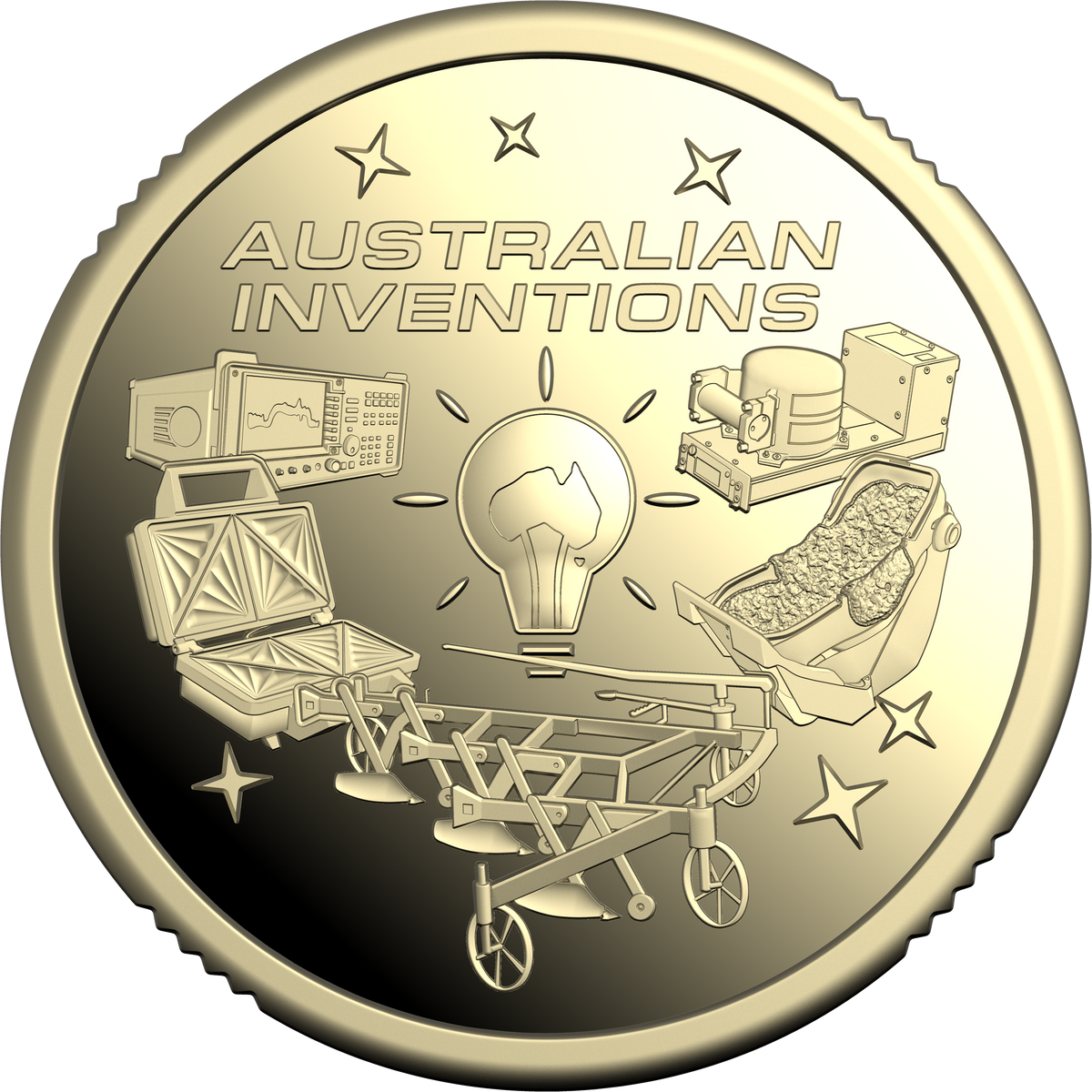 A round commemorative coin or medallion with the text 'AUSTRALIAN INVENTIONS' and several illustrated inventions around a central light bulb, shown on a plain white background.