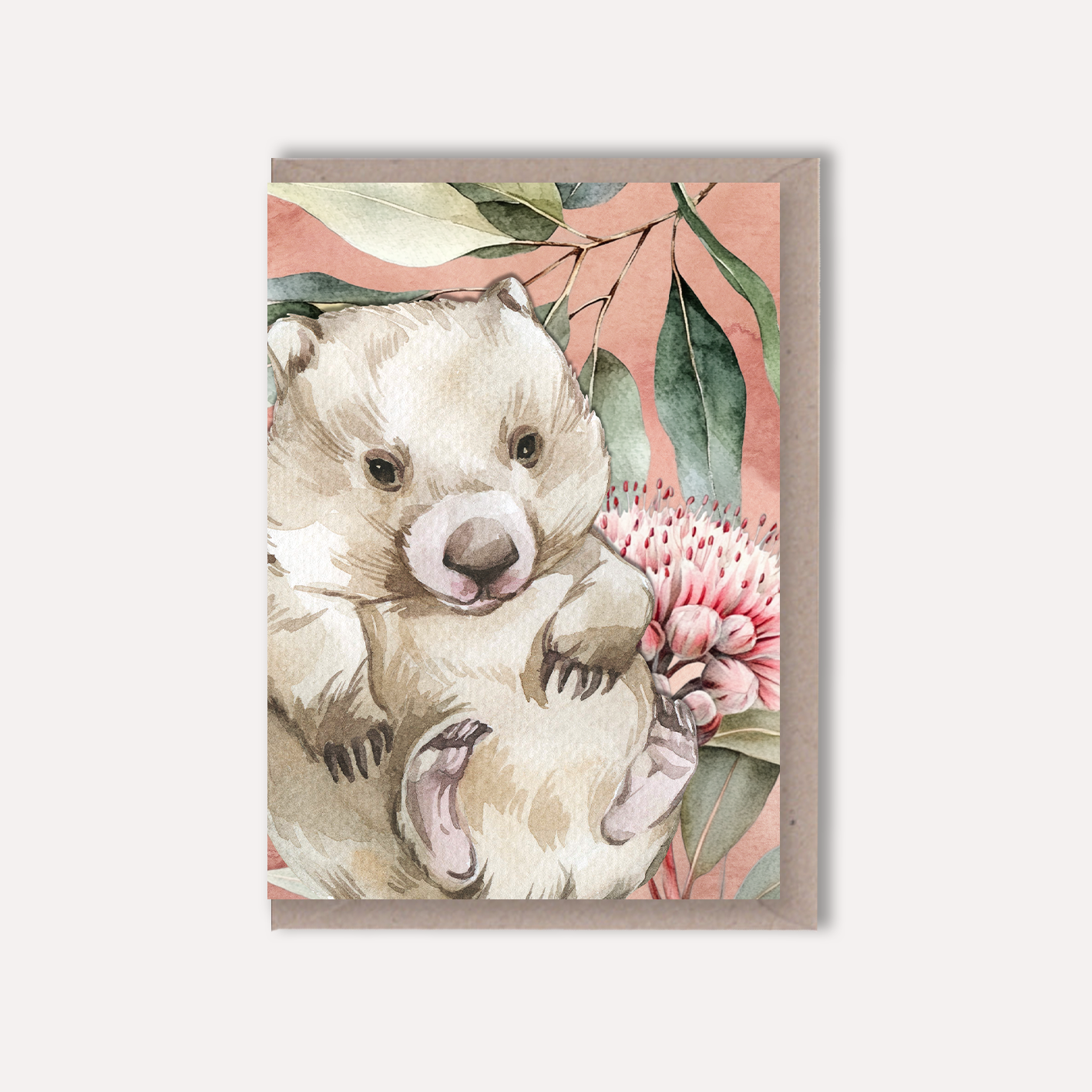 Australian Watercolour Wombat on Australian Flora greeting card