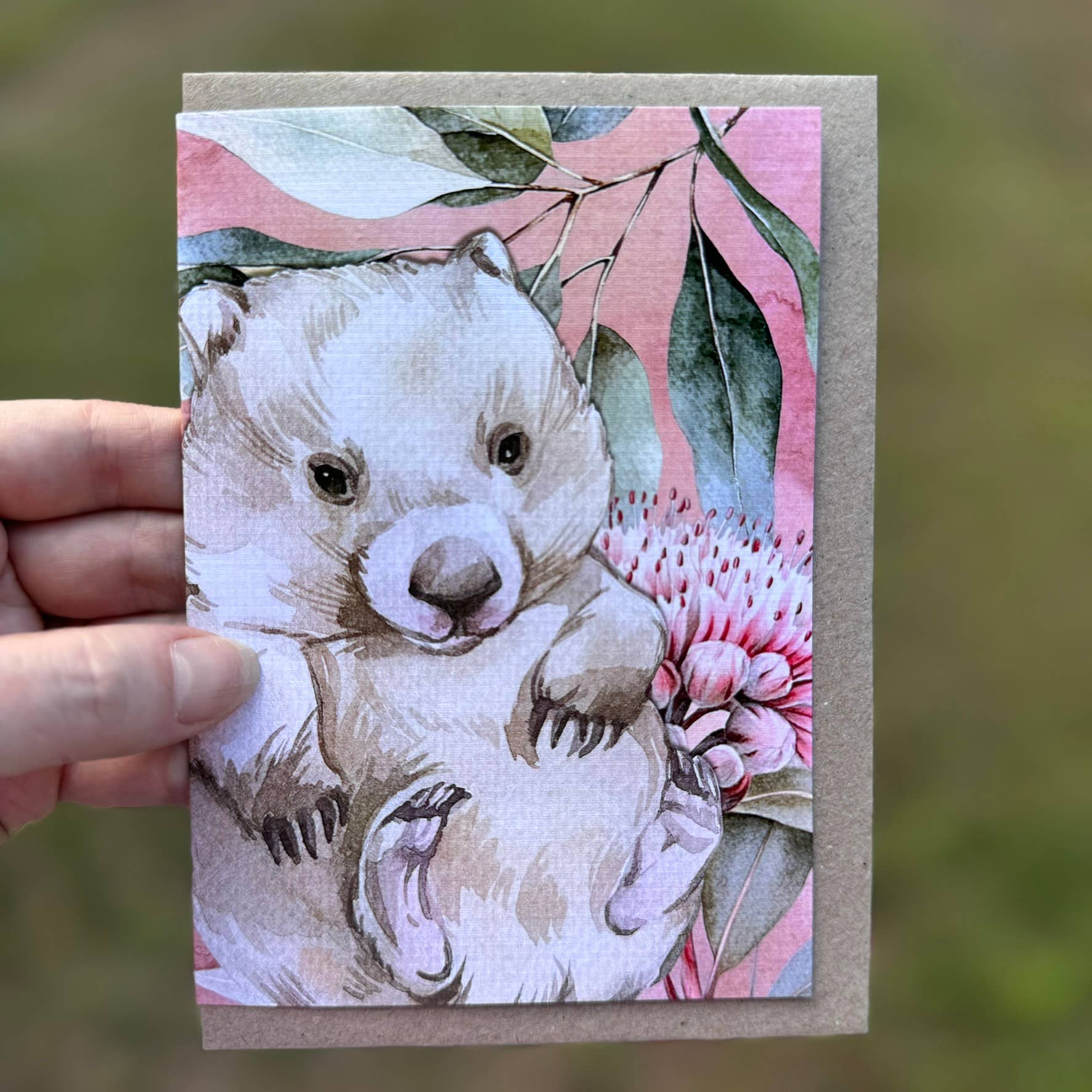 Australian Watercolour Wombat on Australian Flora greeting card