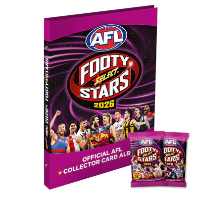 AFL Footy Select Stars 2026 collector's card album with purple cover and front and back views.