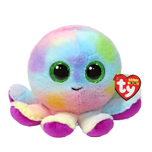 Colorful octopus plush toy with a Ty logo on a white background