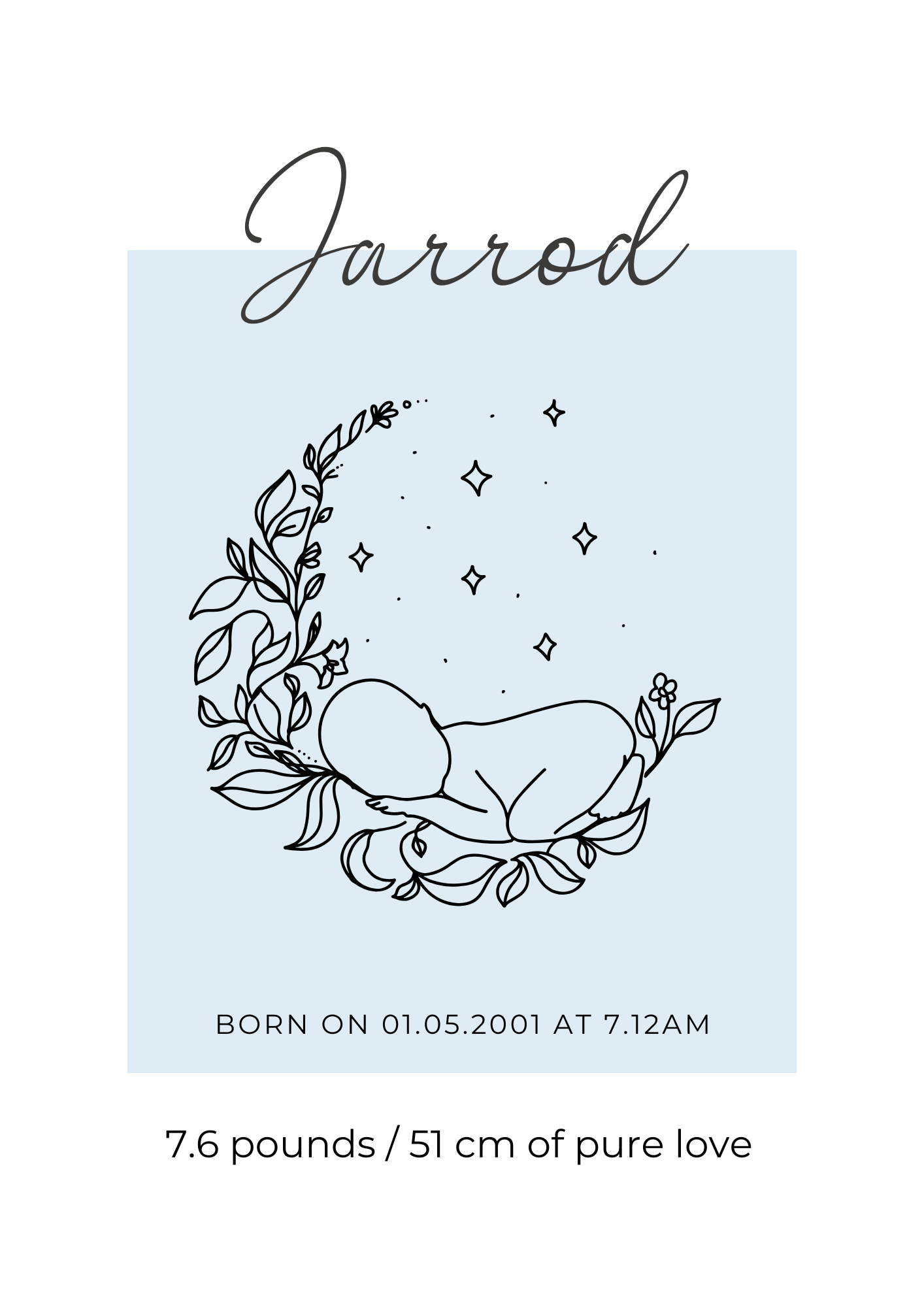 Newborn baby card with baby illustration and text on a light blue background