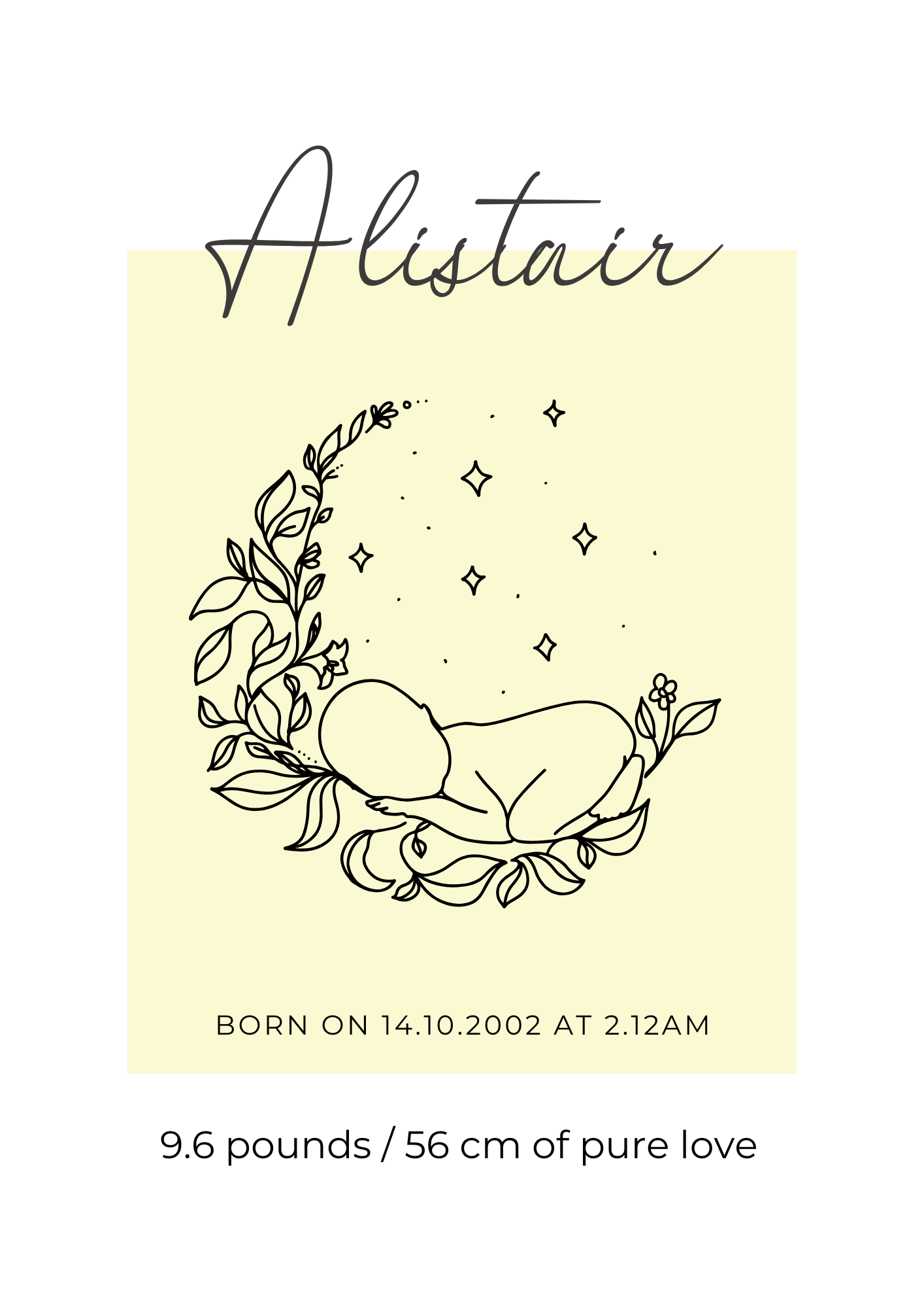 Newborn baby illustration with floral wreath and personalized details on a white background