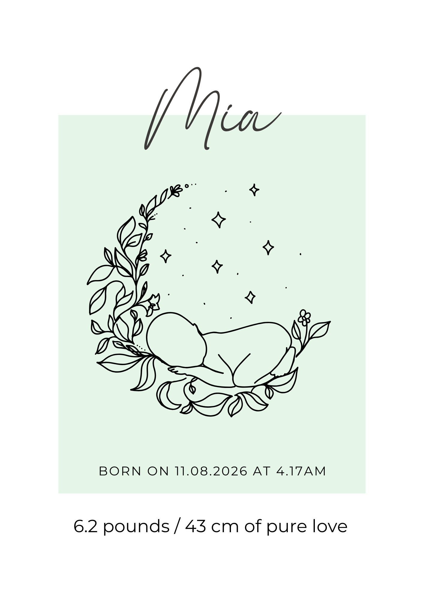 Newborn baby illustration with floral wreath on a light green background, featuring the name 'Mia' and birth details.