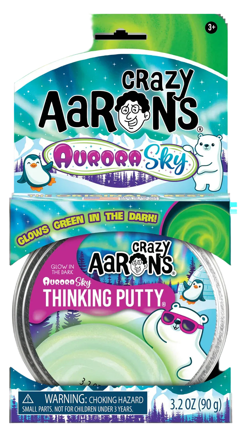 Crazy Aaron's Thinking Putty packaging with a green putty ball and branding elements.