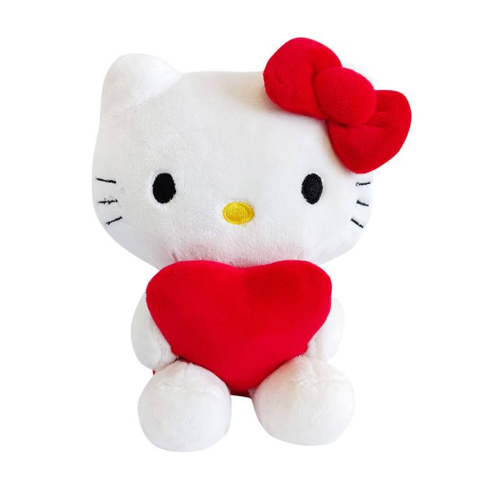 Plush toy of a character with a red bow and heart on a white background