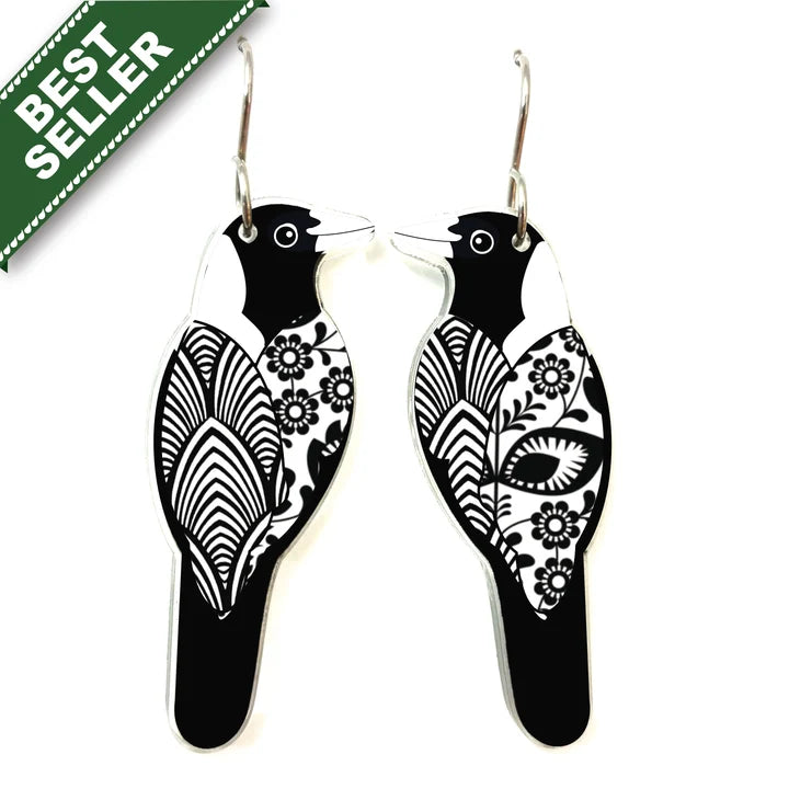 Black and white patterned bird-shaped earrings on a white background with 'Best Seller' label.