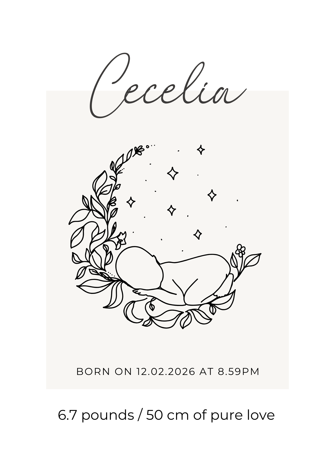 Newborn baby illustration with floral wreath and personalized details on a white background