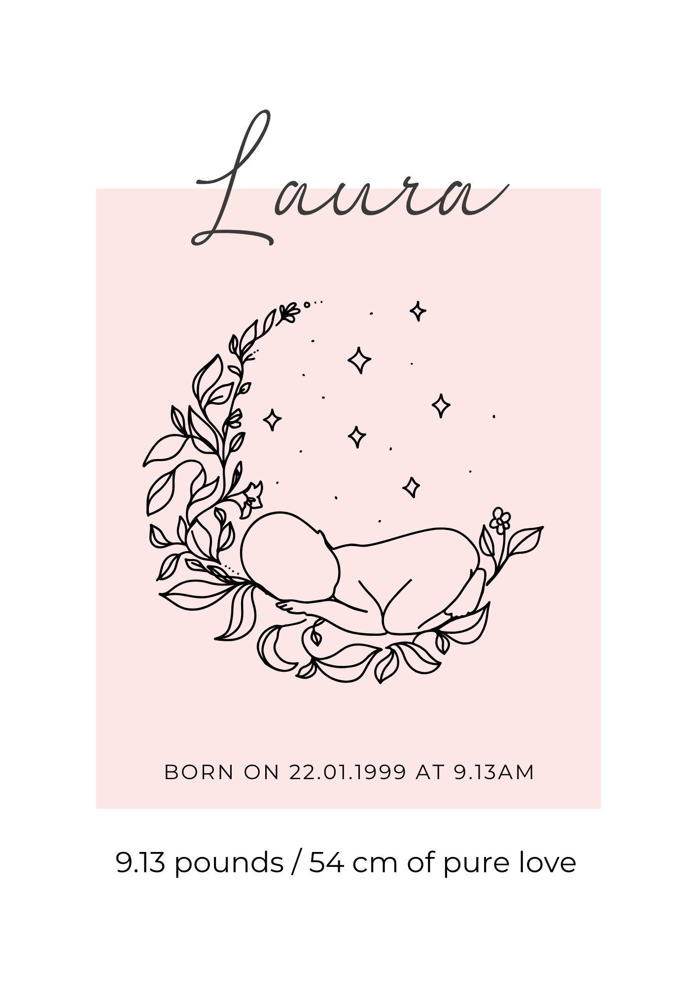 Newborn baby illustration with floral wreath on a pink background, featuring the name 'Laura' and birth details.