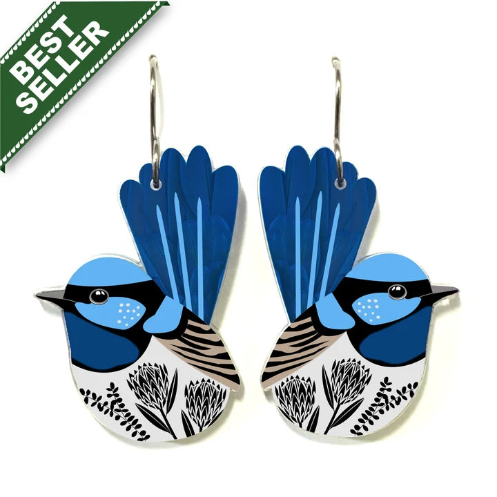 Blue bird-shaped earrings with floral patterns on a white background, labeled as a bestseller.
