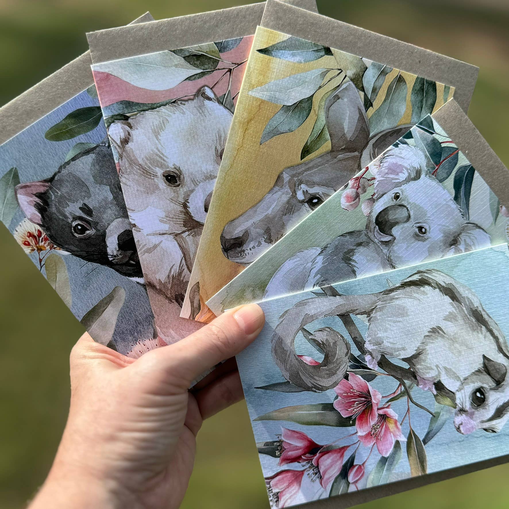Australian Watercolour Wombat on Australian Flora greeting card