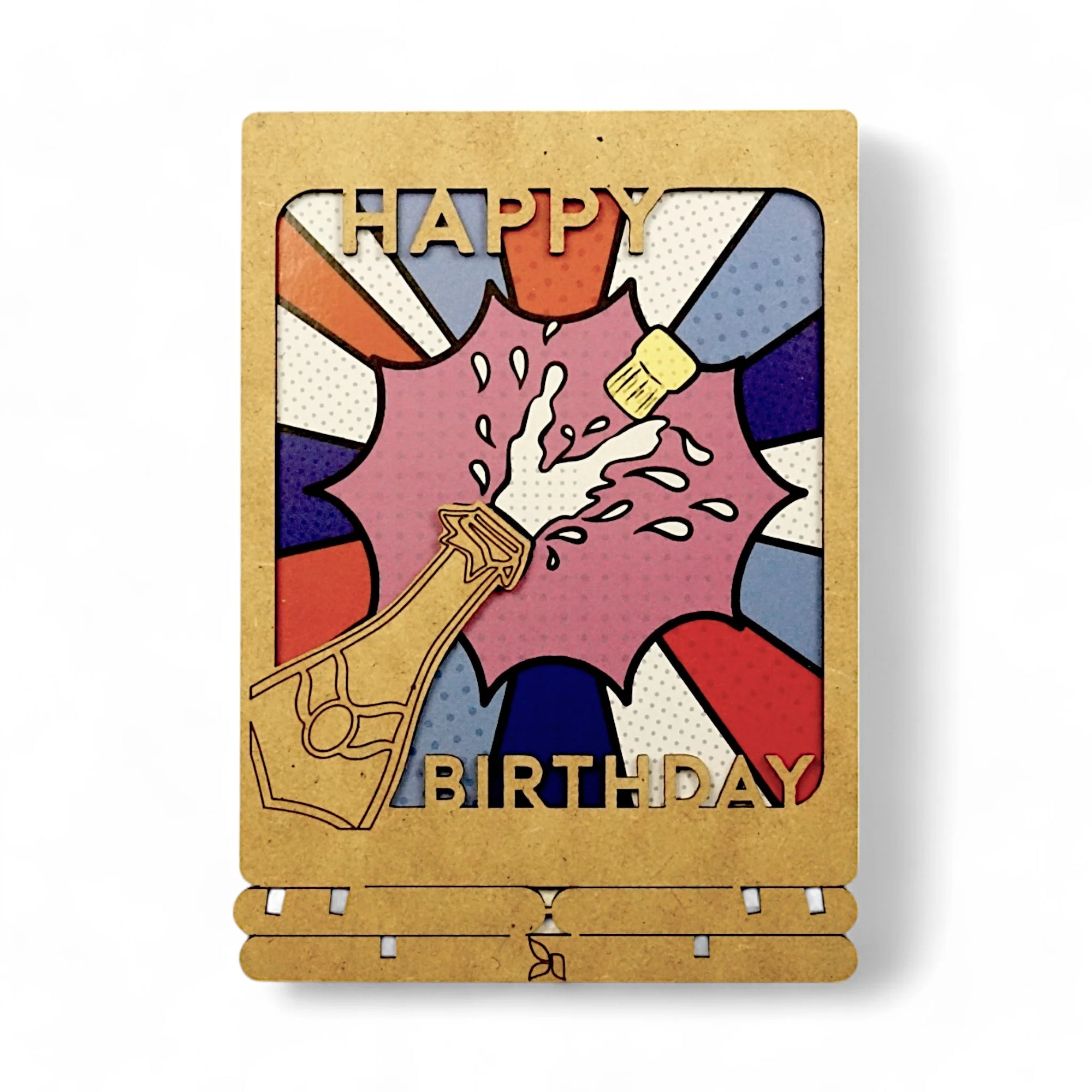 Pop-Up Art Wood Card | Happy Birthday Champagne