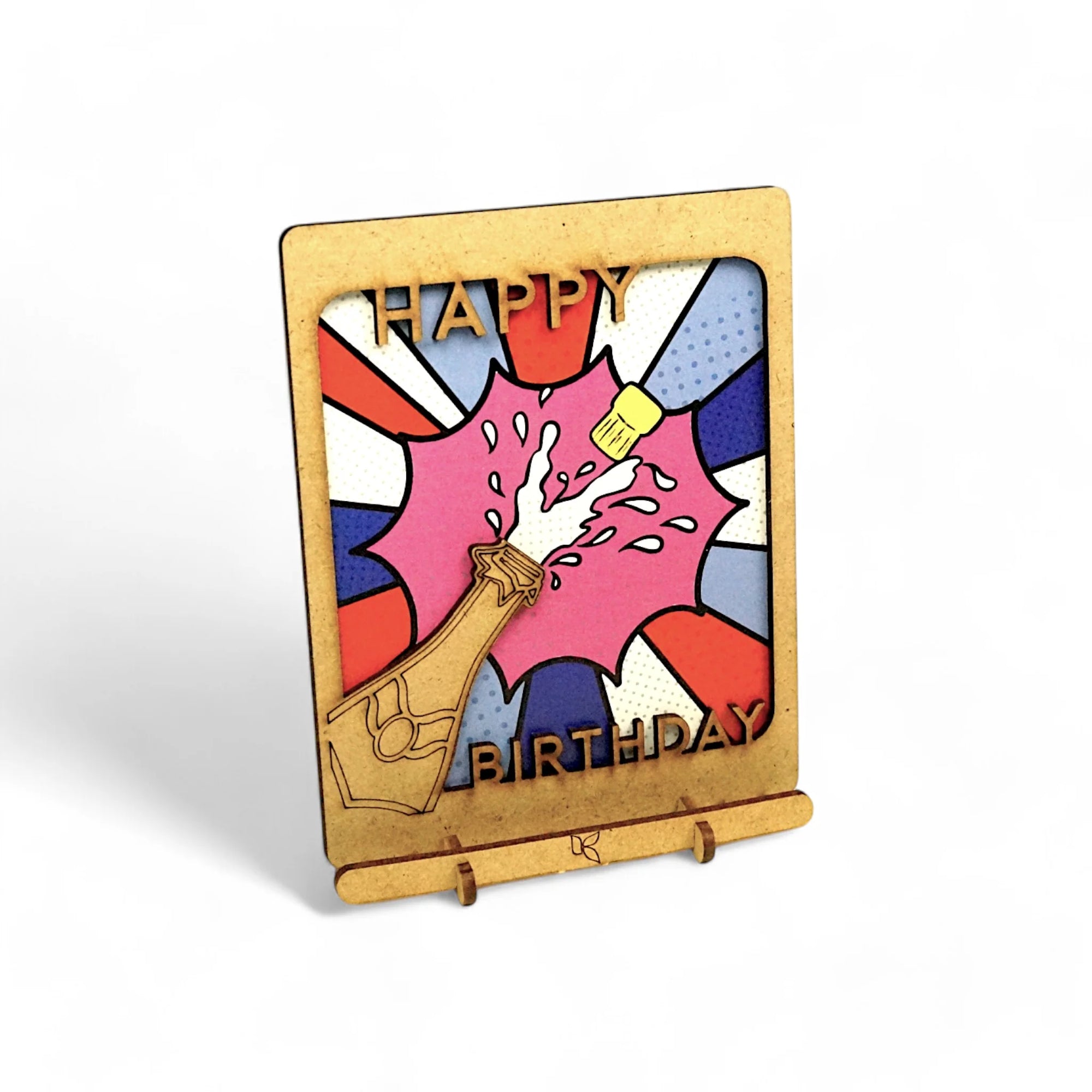 Pop-Up Art Wood Card | Happy Birthday Champagne