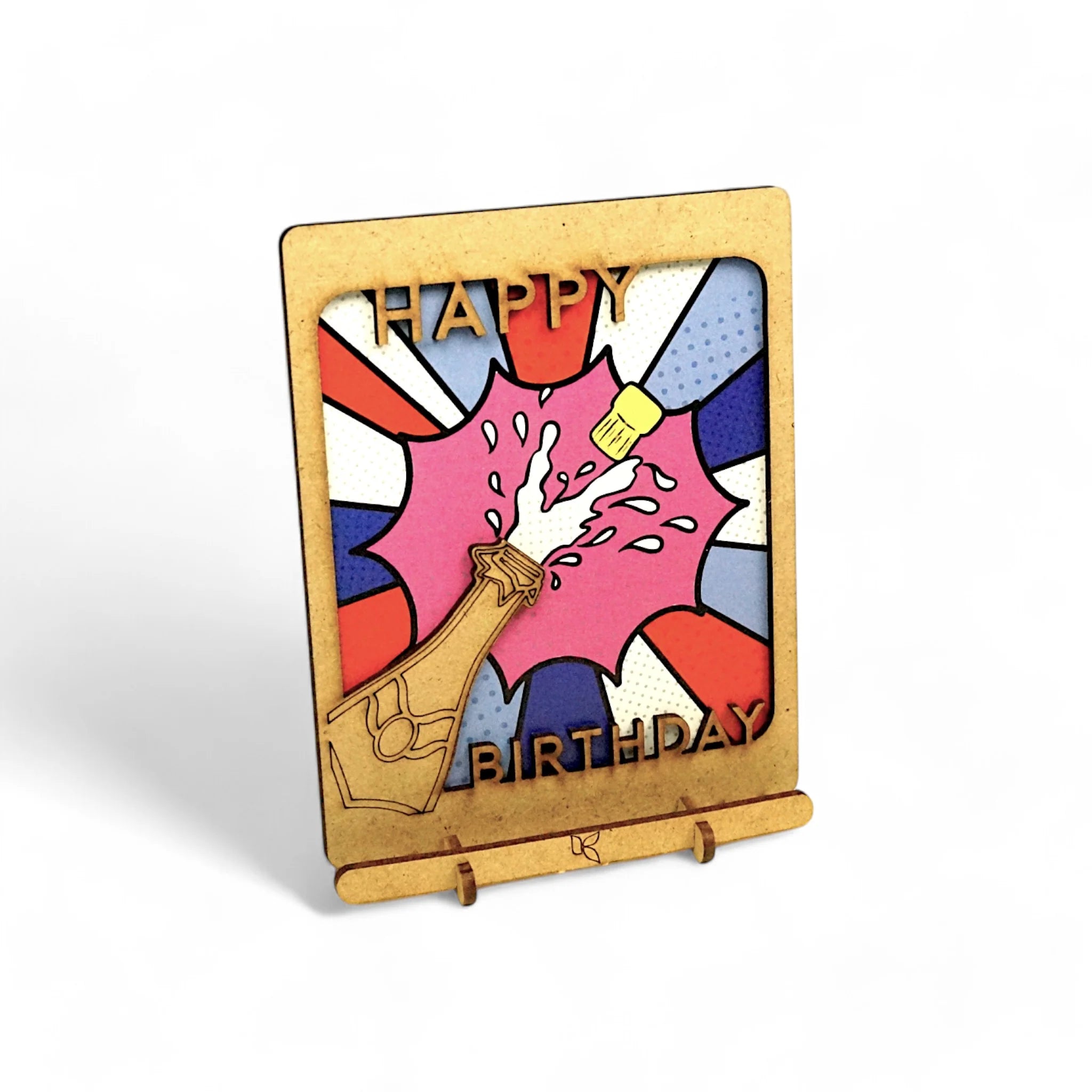 Pop-Up Art Wood Card | Happy Birthday Champagne