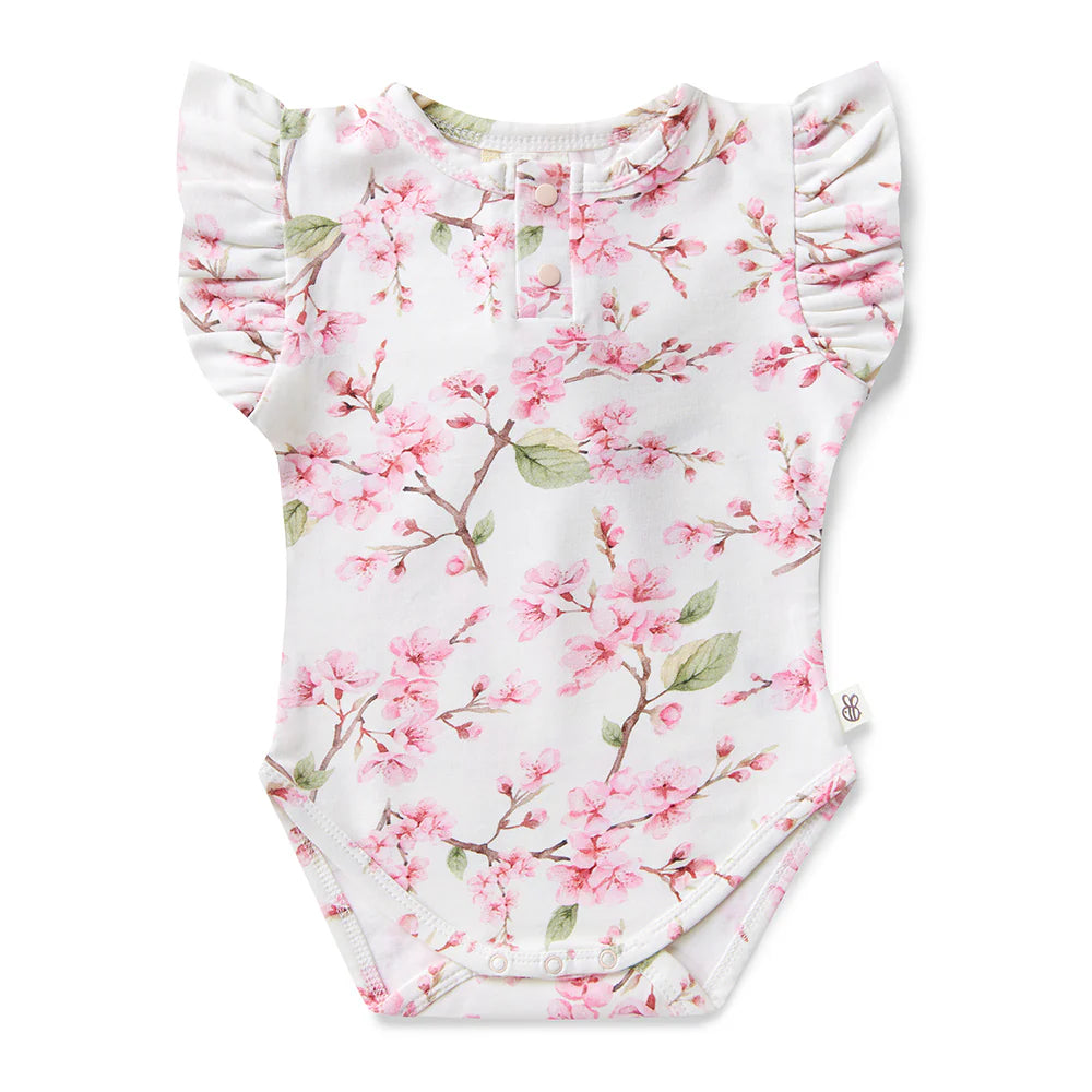 Snuggle Hunny Bodysuit Short Sleeve Organic with Frill | Cherry Blossom